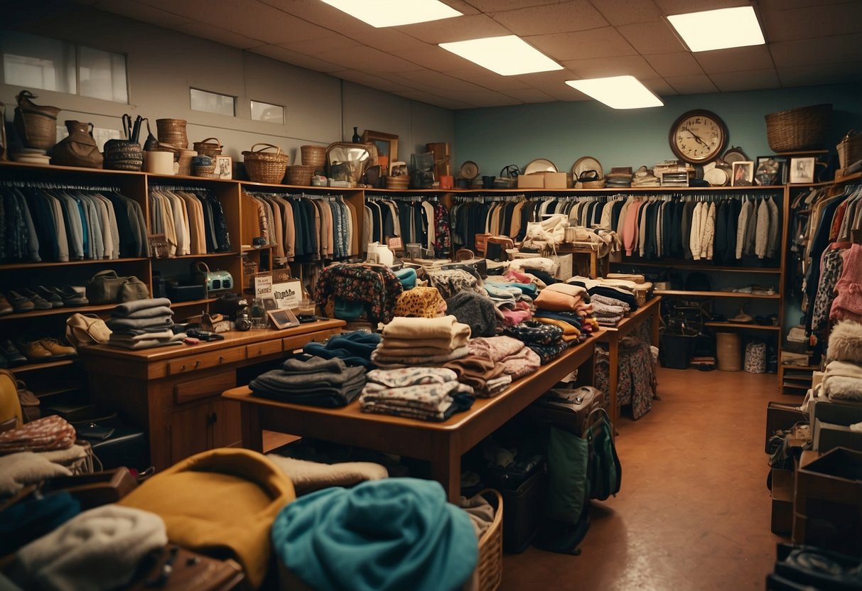 A cluttered thrift store with racks of clothing, shelves of knick-knacks, and tables of vintage items. Customers browse through the eclectic mix of secondhand treasures, while a seller organizes items for resale