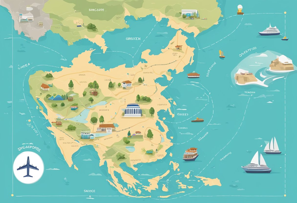 A map of Singapore and Greece with travel routes marked and a suitcase packed with essentials