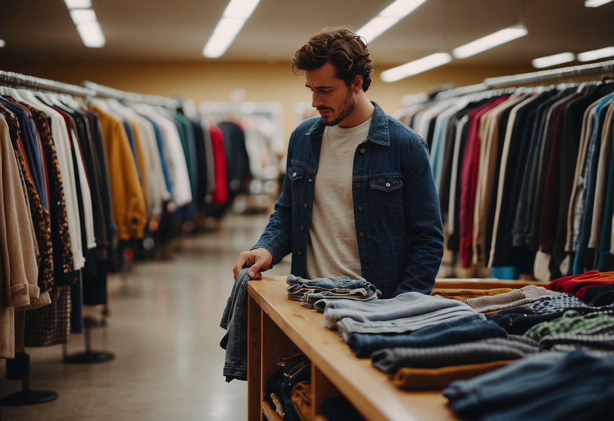 A person browsing through racks of clothing at a thrift store, carefully inspecting items and selecting a few to purchase. They are then seen at home, photographing and listing the items for sale online