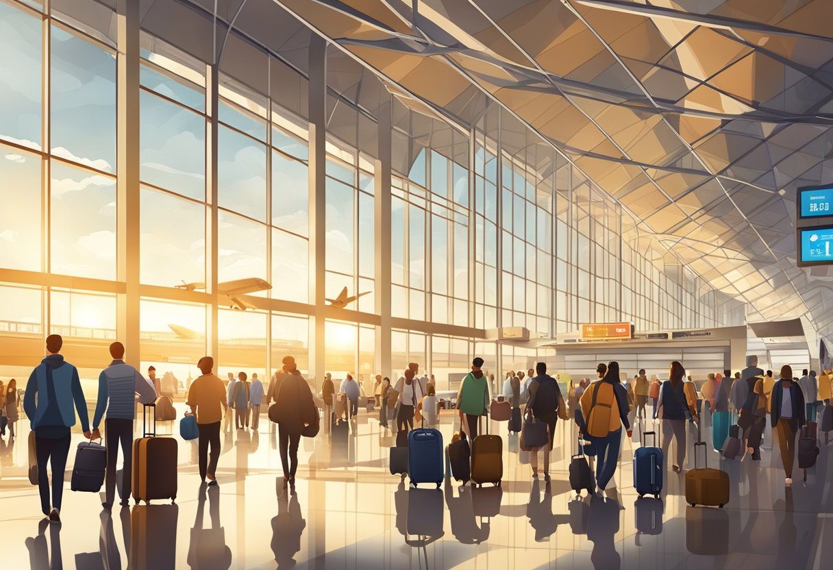 A bustling airport terminal with diverse travelers, luggage, and departure boards. The sun shines through large windows, casting warm light on the bustling scene