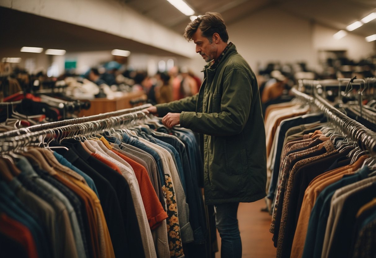 A person browsing through racks of clothing at a thrift store, with a pile of items to be resold on a table nearby