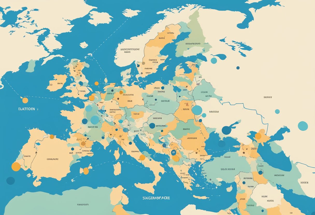 A map of the world with a dotted line connecting Singapore and Greece, surrounded by question marks and exclamation points