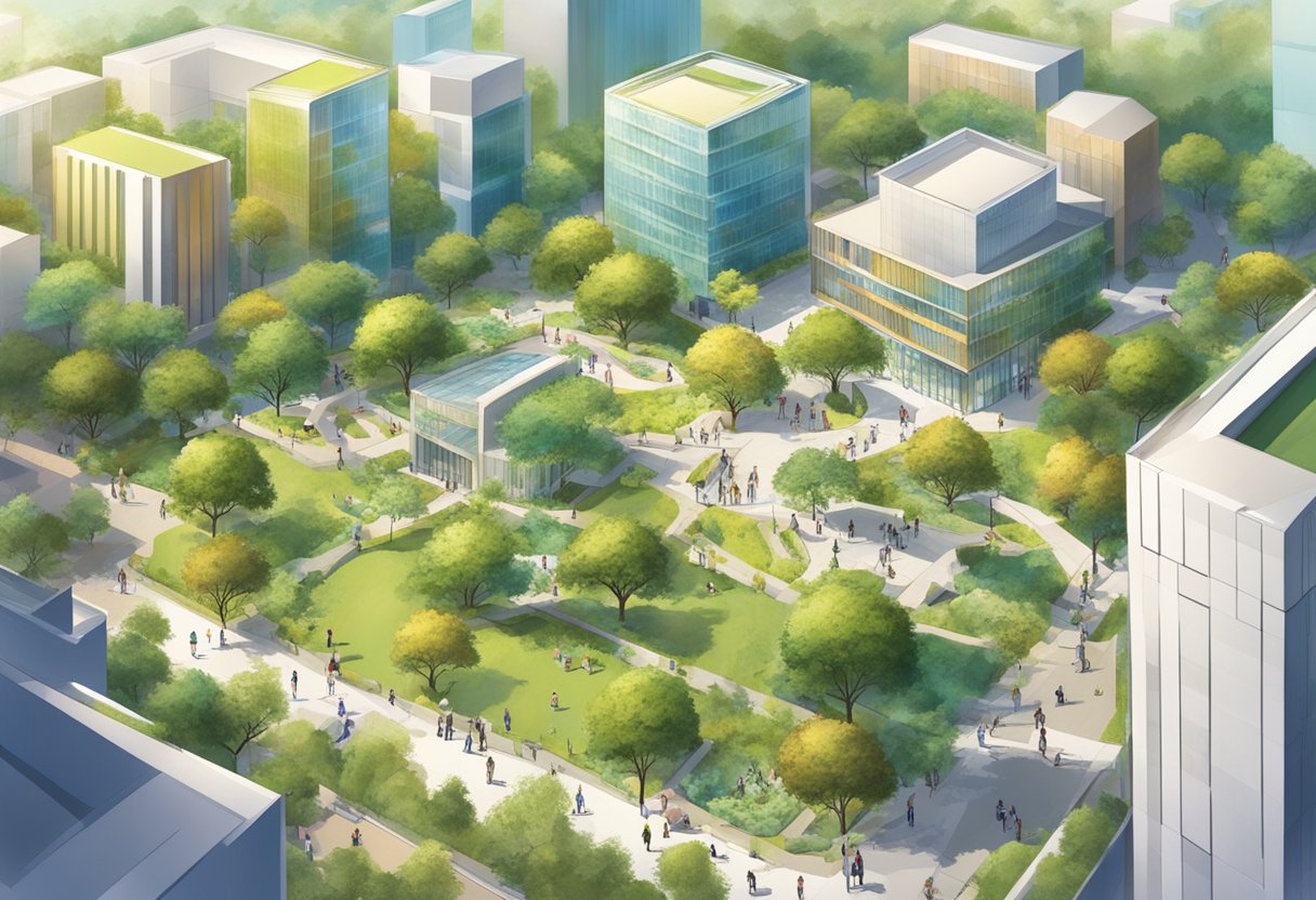 A bustling campus with modern buildings and lush greenery, students and faculty engaged in scholarly pursuits, and a vibrant atmosphere of innovation and discovery