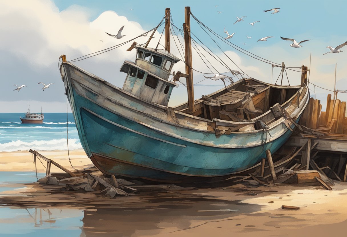 The abandoned fishing boat sits on the dock, rusted and weathered. Seagulls circle overhead, and the sound of crashing waves fills the air