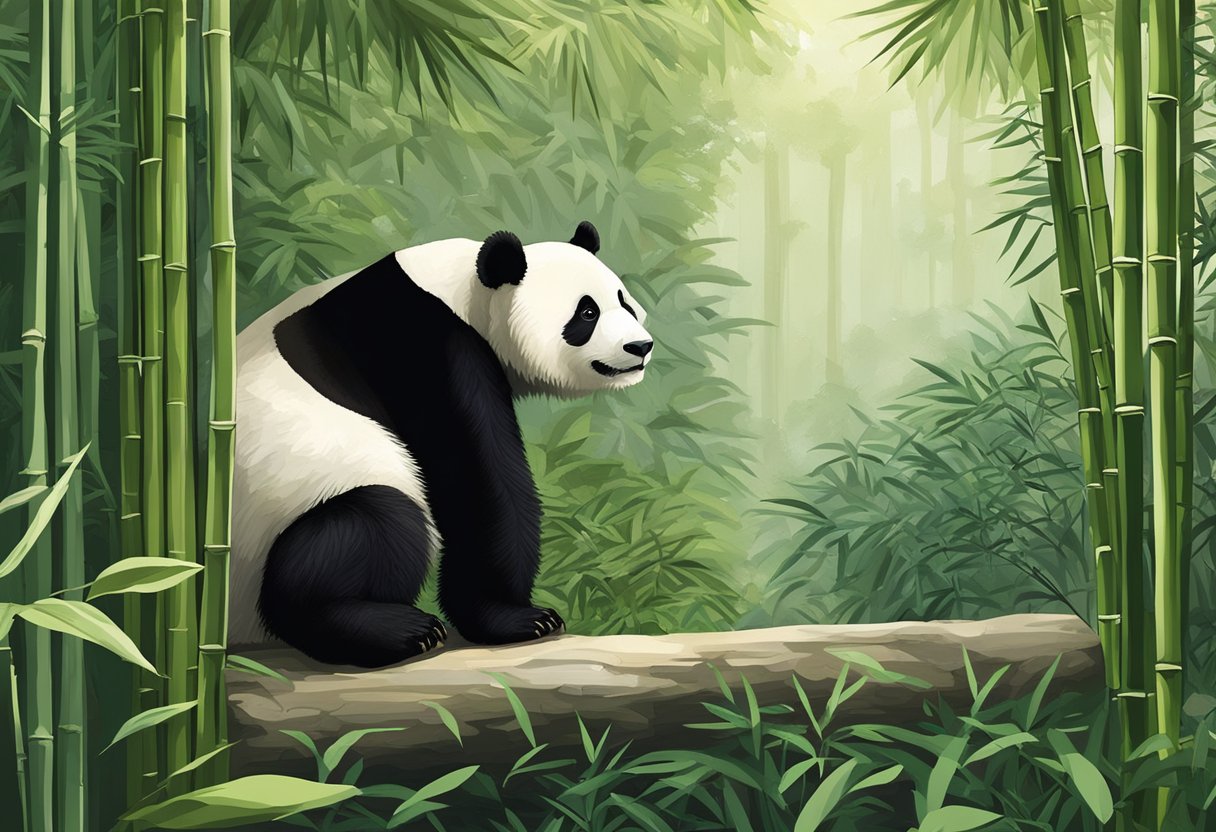 A giant panda sits among lush bamboo, while visitors watch from behind a glass enclosure at the Singapore Zoo