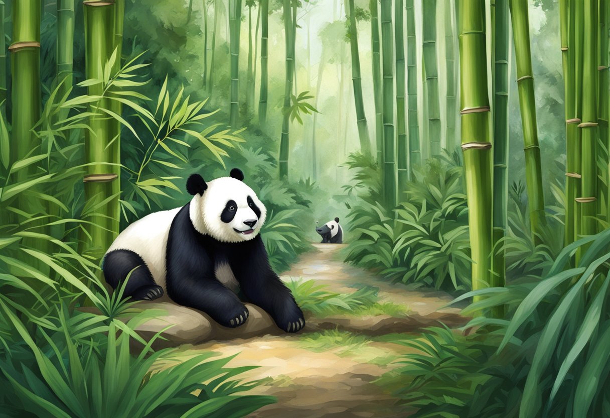 Panda lounges in lush bamboo forest, surrounded by curious onlookers at Singapore Zoo
