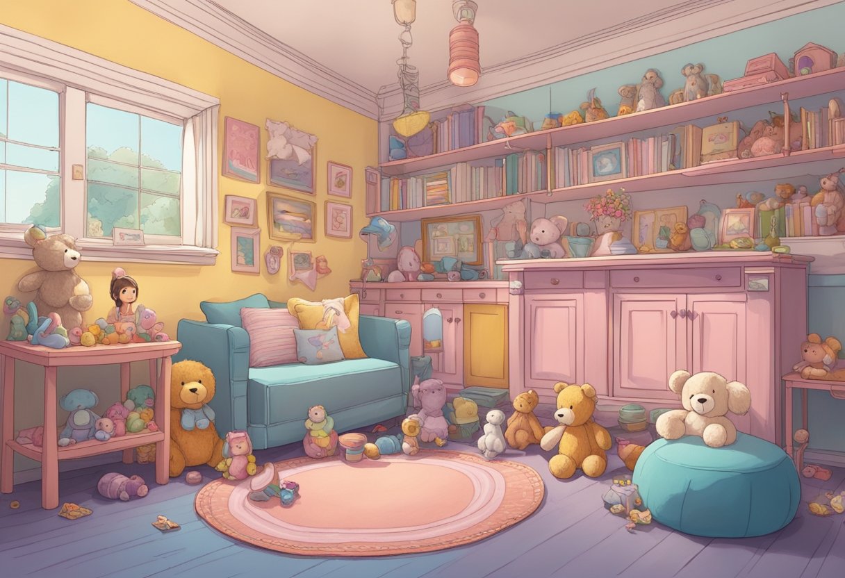 Melanie Martinez's childhood home, with toys scattered around, a small stage with a microphone, and a young girl singing to her stuffed animals