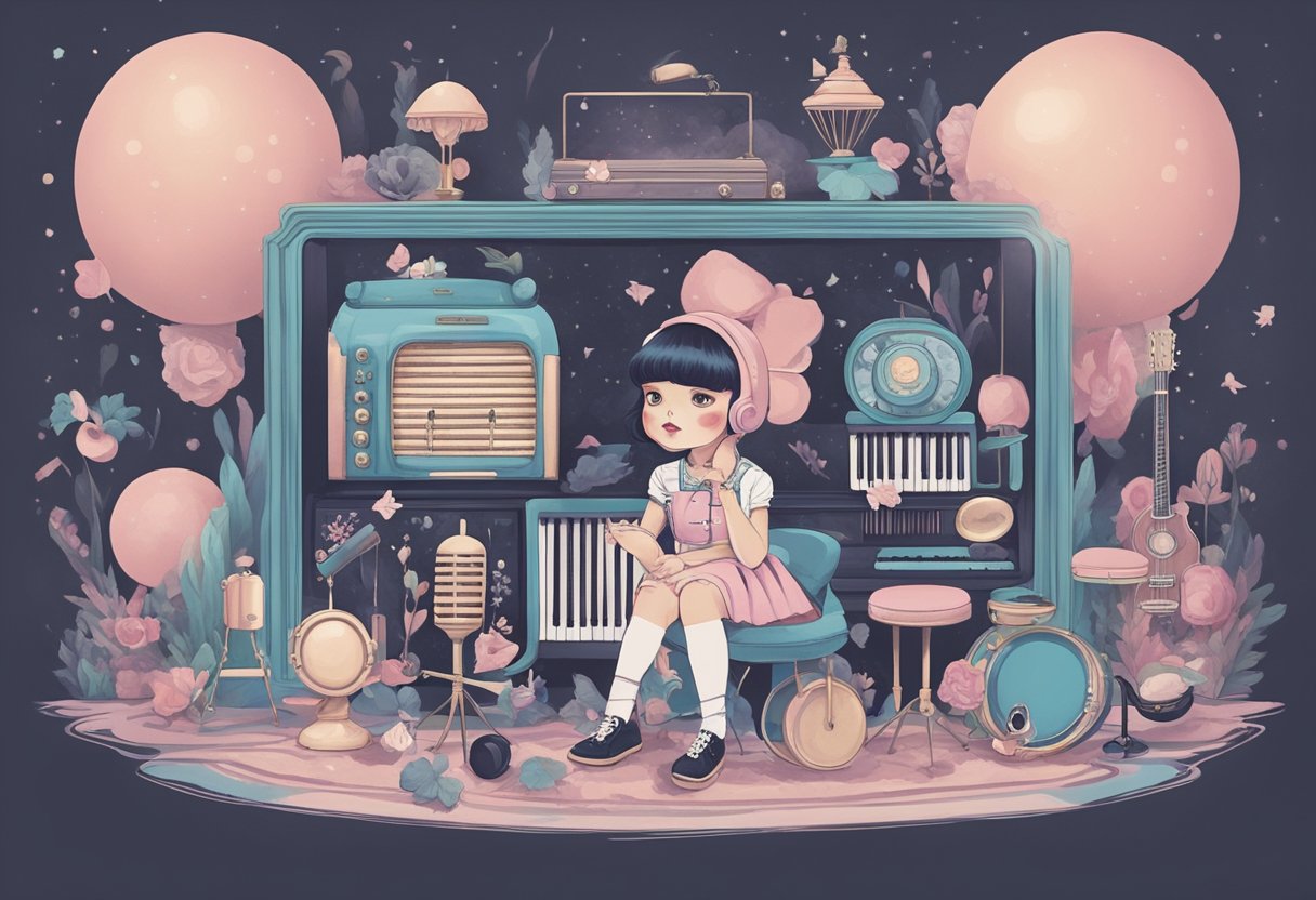 Melanie Martinez's musical style and influences are depicted through a mix of vintage and modern elements, with a whimsical and dark aesthetic. The scene could include a blend of retro and contemporary musical instruments, surrounded by surreal and dreamlike imagery