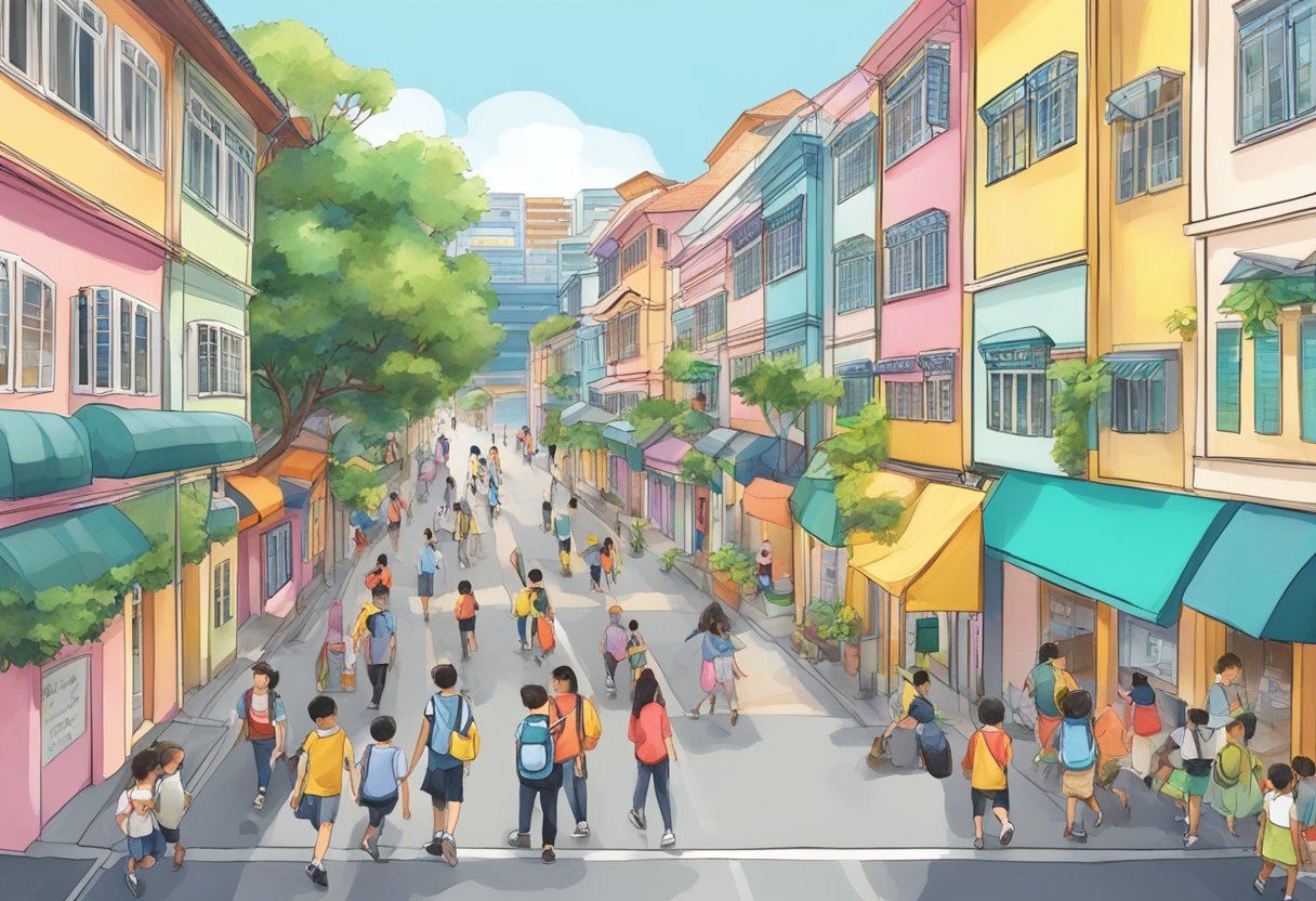 A bustling street in Singapore with colorful buildings and students entering a school for special education