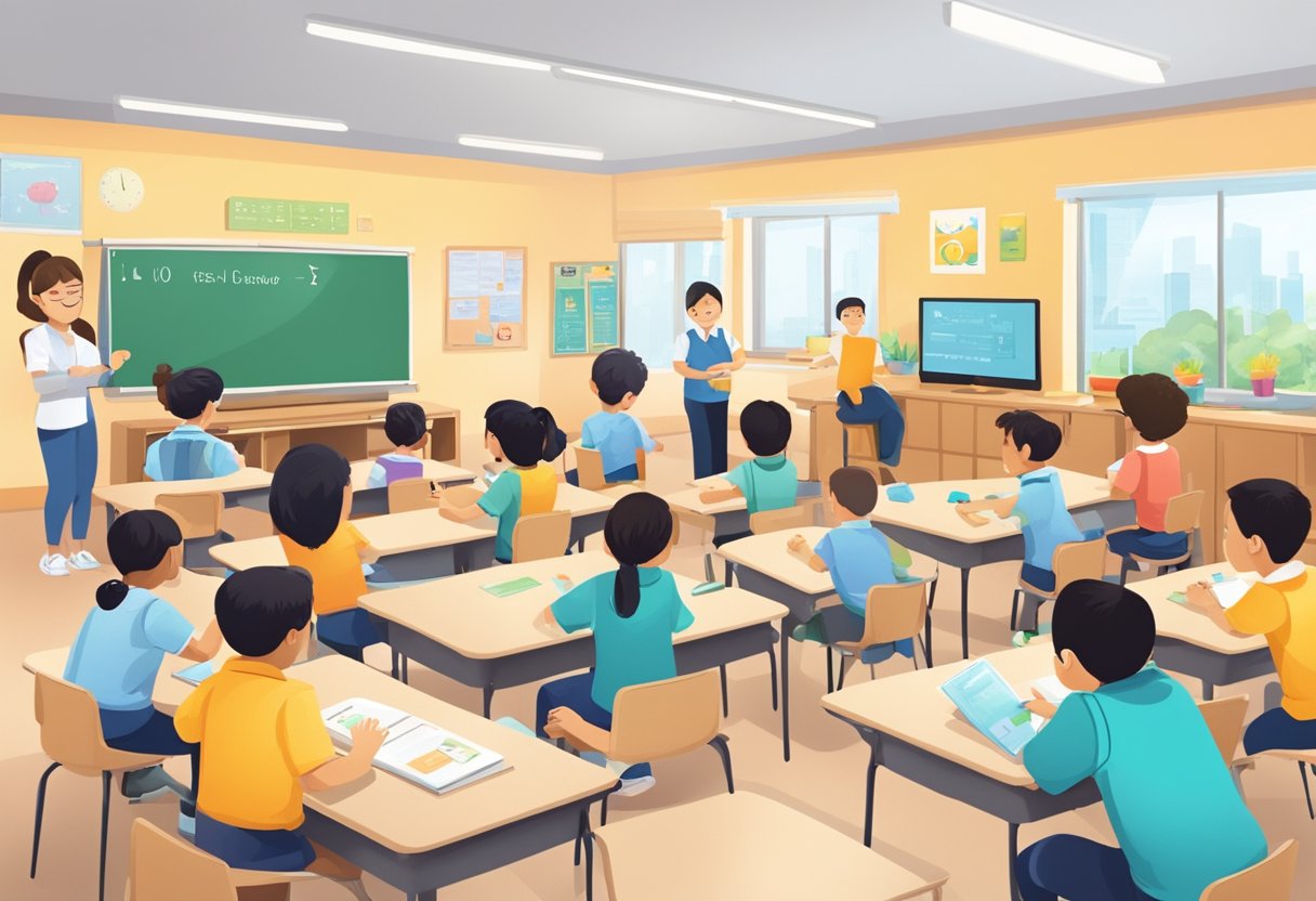 A classroom in a SPED school in Singapore, with diverse learning materials and adaptive technology, and teachers engaging students in various interactive and inclusive activities