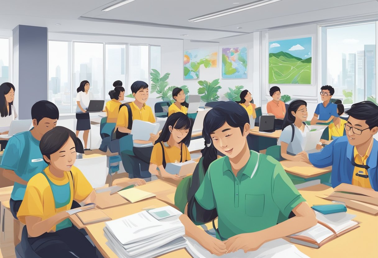 A group of students engage in educational programs at a support services center in Singapore. The environment is filled with learning materials and interactive tools