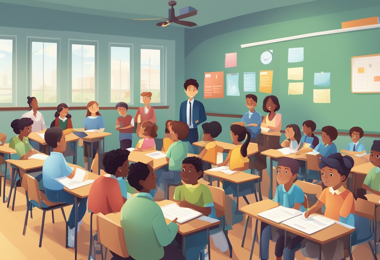 A group of students and teachers gather in a school setting, with a prominent "Frequently Asked Questions" sign displayed in the background