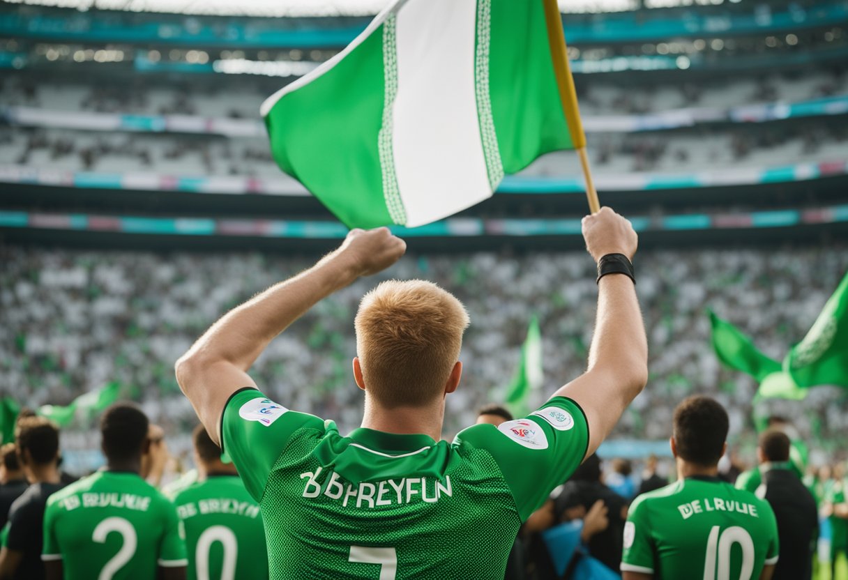 Fans cheer as De Bruyne considers move. Media buzzes. Saudi flag in background. Excitement and speculation fill the air