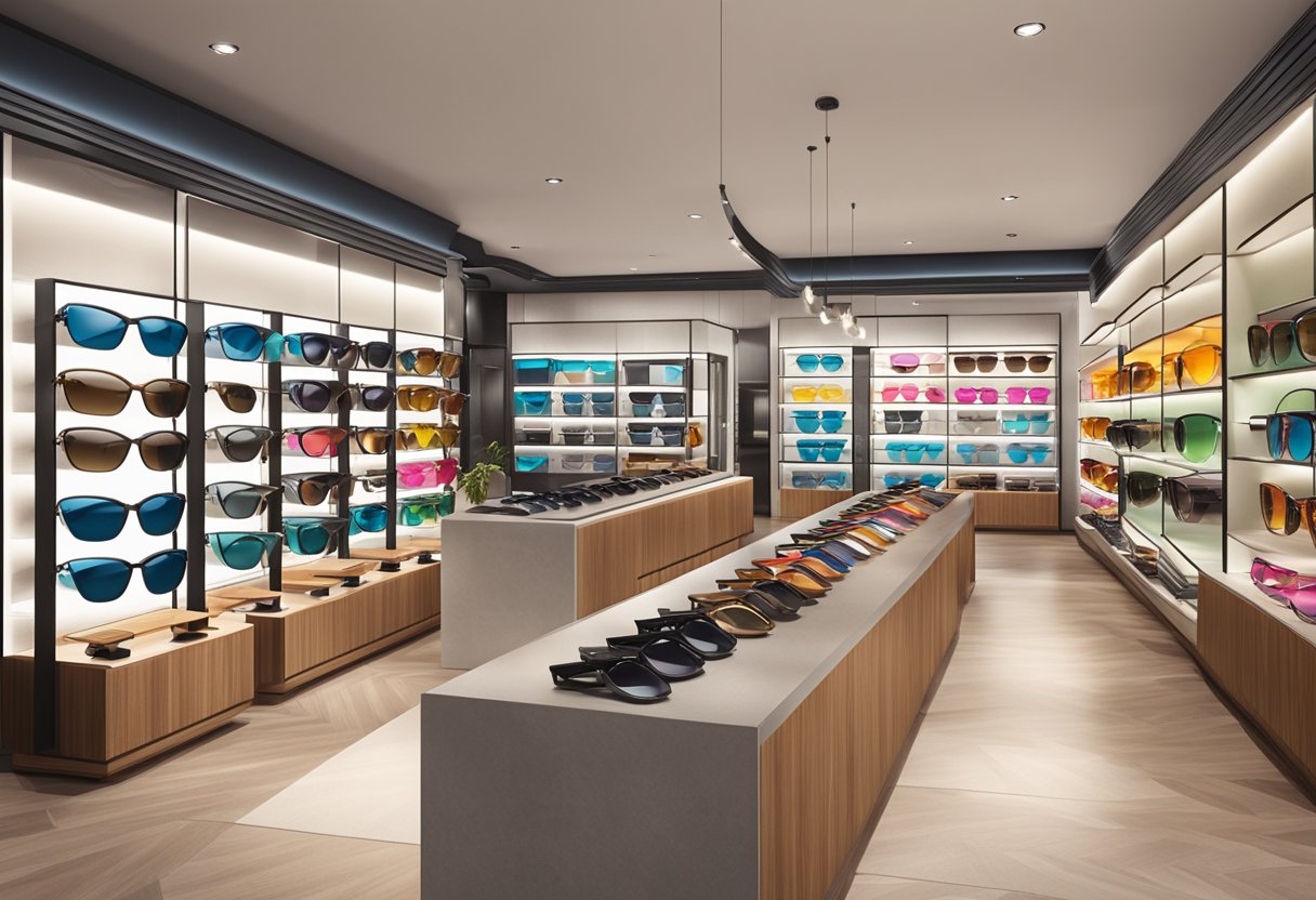 A vibrant Sunglass Hut store in Singapore, with rows of stylish sunglasses on display, and a sleek, modern interior design