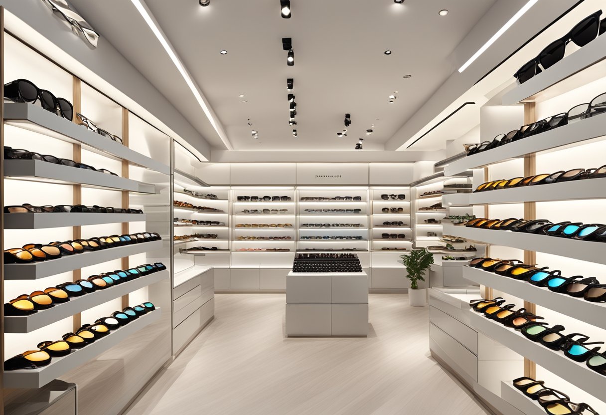 A bright, modern Sunglass Hut store in Singapore, filled with rows of stylish sunglasses and sleek displays. The store is well-lit, with a clean and organized layout
