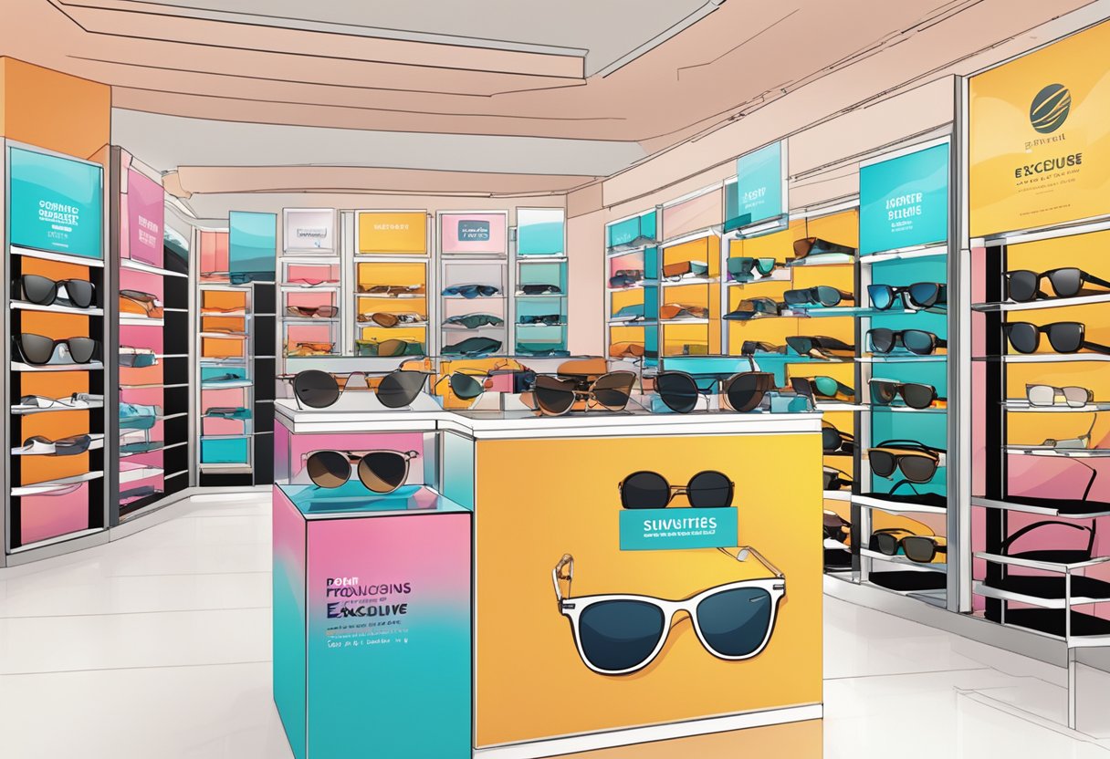 A display of sunglasses with "Promotions and Exclusive Offers" sign at Sunglass Hut Singapore. Bright and colorful background with various styles and brands showcased