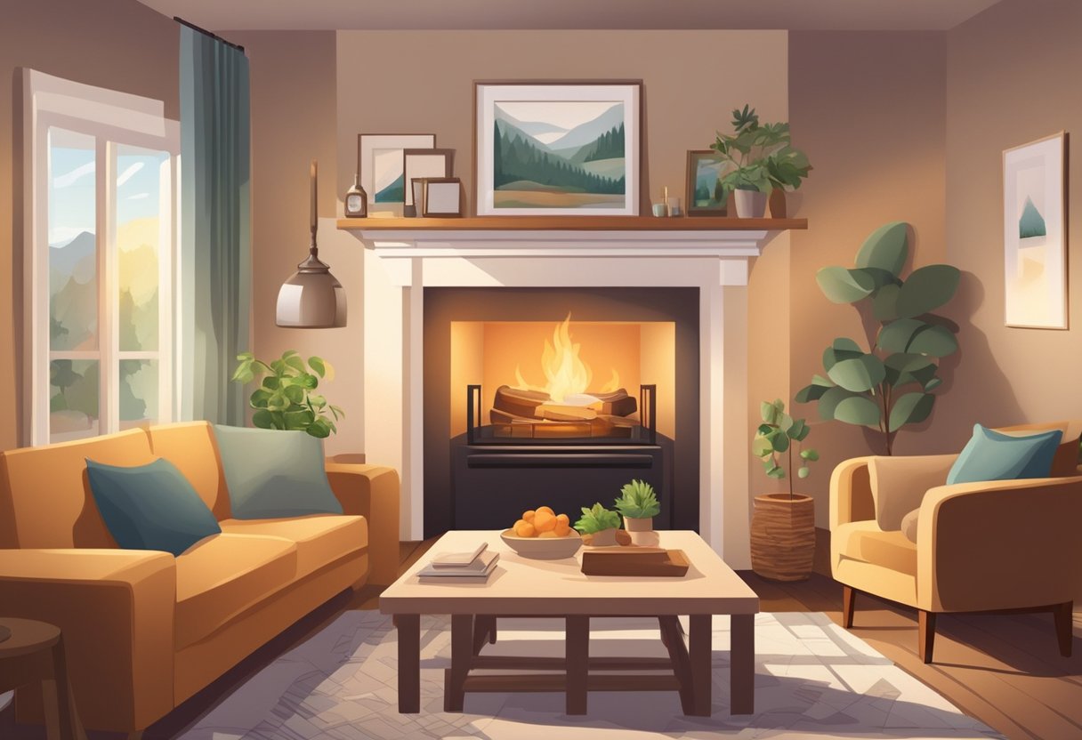 A cozy living room with a fireplace, family photos on the wall, and a table set for dinner. A warm, inviting atmosphere with a sense of togetherness and love