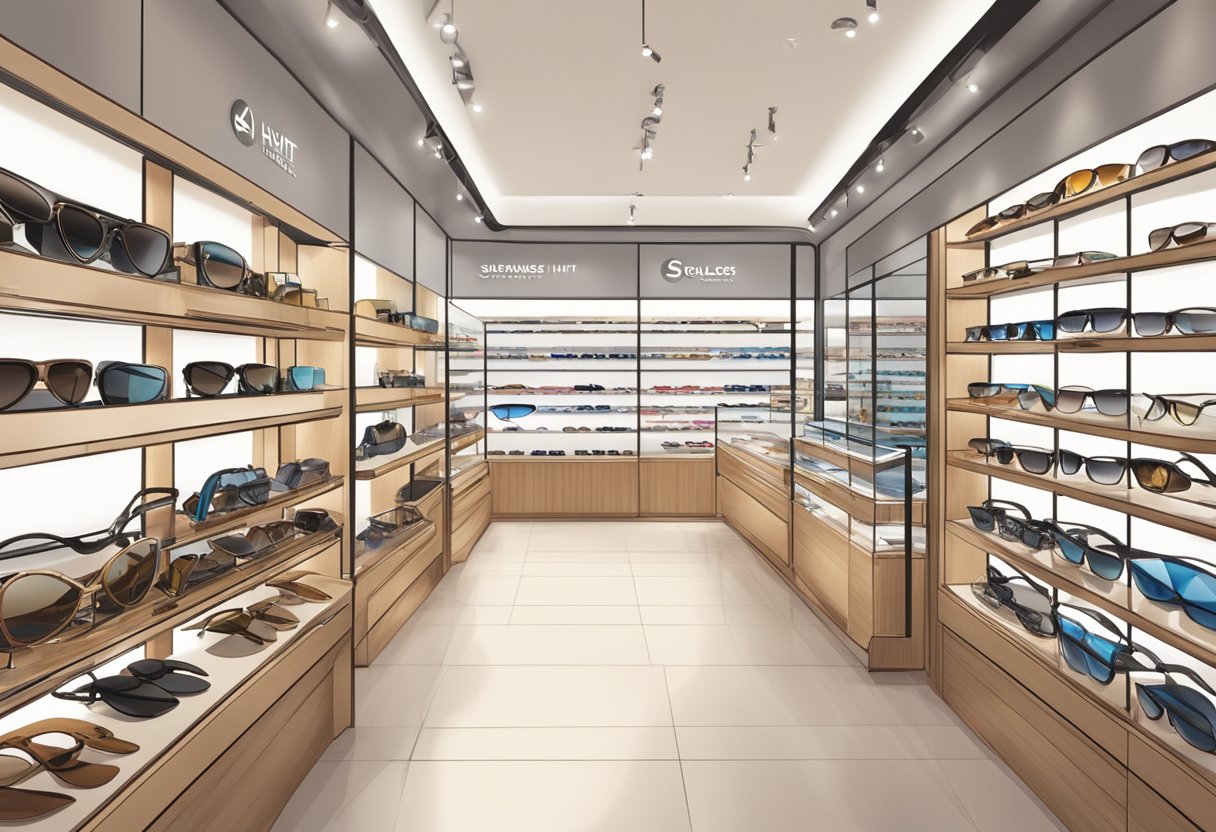 A brightly lit Sunglass Hut store in Singapore with shelves displaying various sunglasses and a customer browsing through the selection