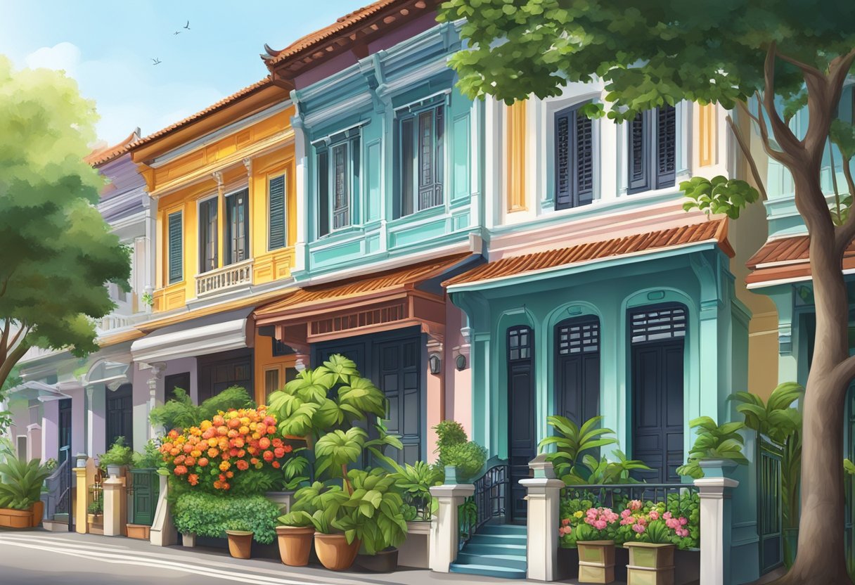 A colorful terrace house in Singapore, surrounded by lush greenery and vibrant flowers, with a traditional shophouse architecture and intricate details