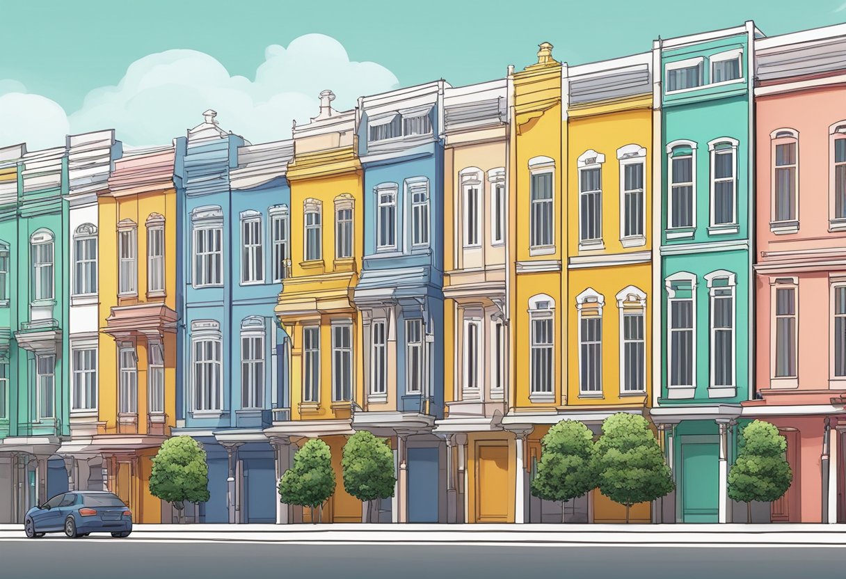 A row of colorful terrace houses in Singapore. Each unit features unique architectural details and vibrant facades, showcasing the diversity of design in the city