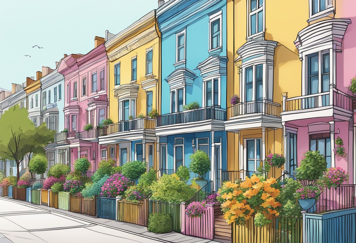 A row of colorful terrace houses line the street, each with its own unique architecture and vibrant plants adorning the balconies
