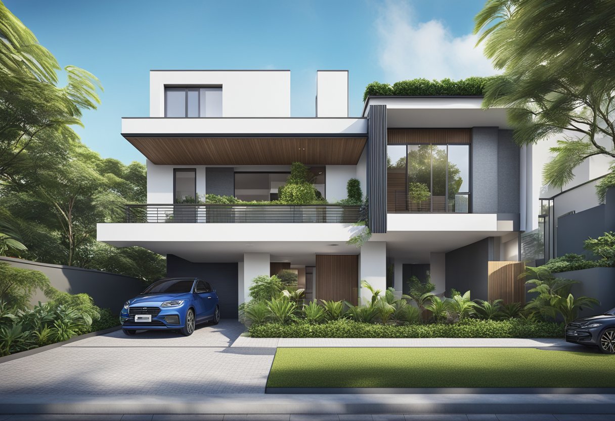 A modern terrace house in Singapore with a sleek exterior and a welcoming entrance, surrounded by lush greenery and a clear blue sky