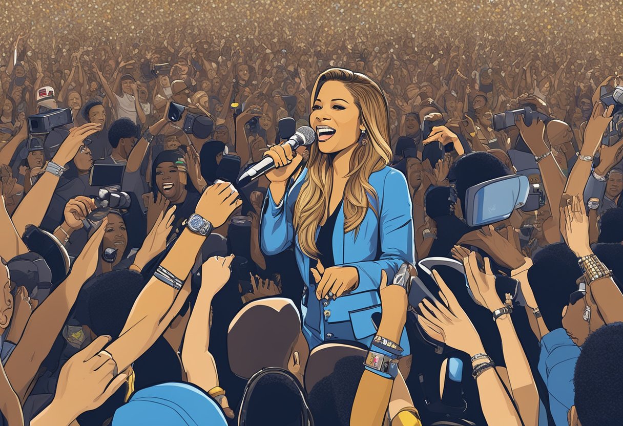 Blu Cantrell's rise to fame: a microphone spotlighted on a stage, surrounded by cheering fans and flashing cameras