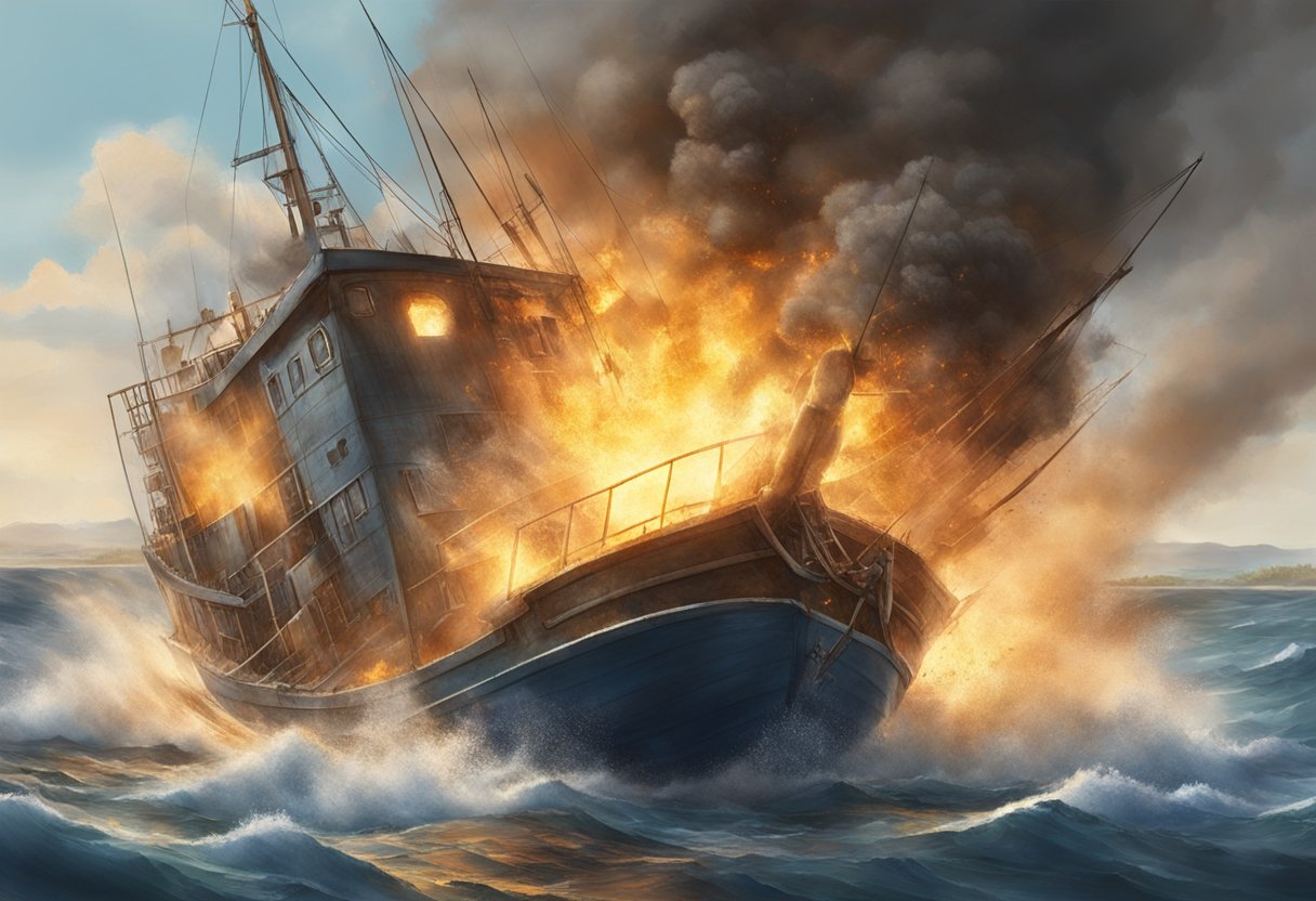 Gibbs' boat explodes, sending debris flying. Smoke billows as flames engulf the vessel, creating a chaotic and dangerous scene