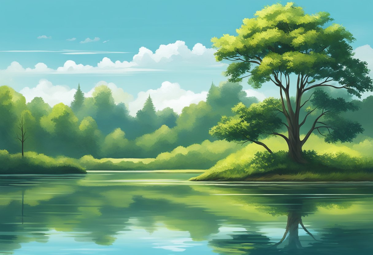 A serene lakeside with a lone tree reflecting in the calm water, surrounded by lush greenery under a clear blue sky