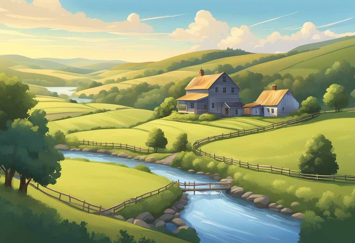 A serene countryside with a quaint farmhouse, rolling hills, and a winding river under a clear blue sky