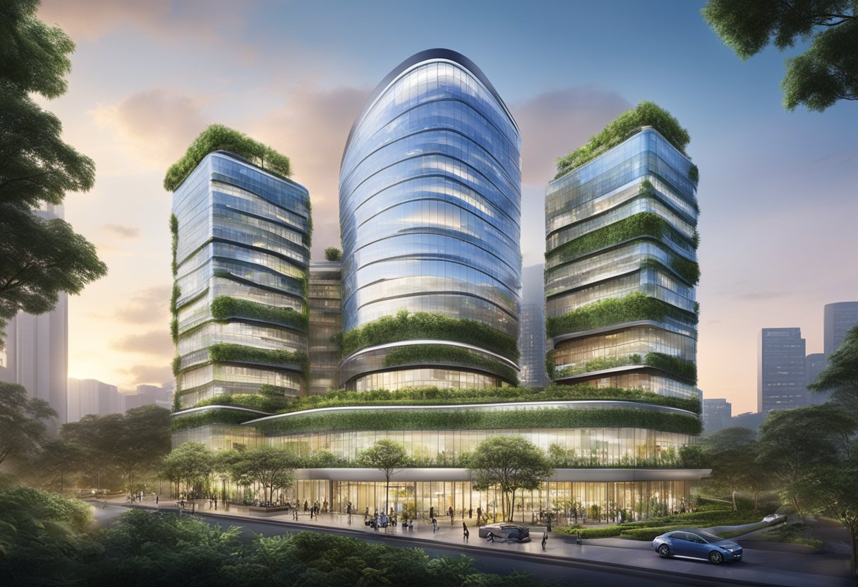 Unilever Singapore: A modern office building with sleek glass windows, surrounded by lush greenery and a bustling cityscape in the background