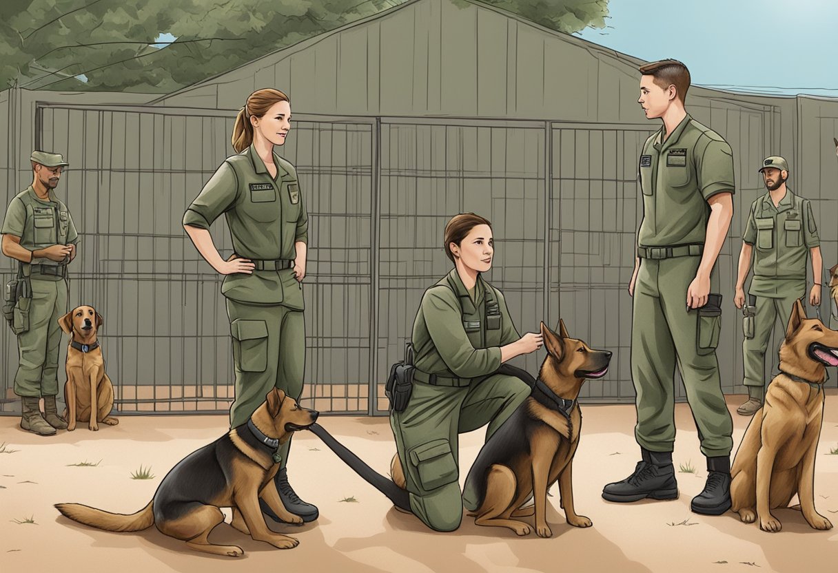 Megan Leavey and Matt Morales reunite in a military dog training facility, surrounded by wagging tails and barking canines