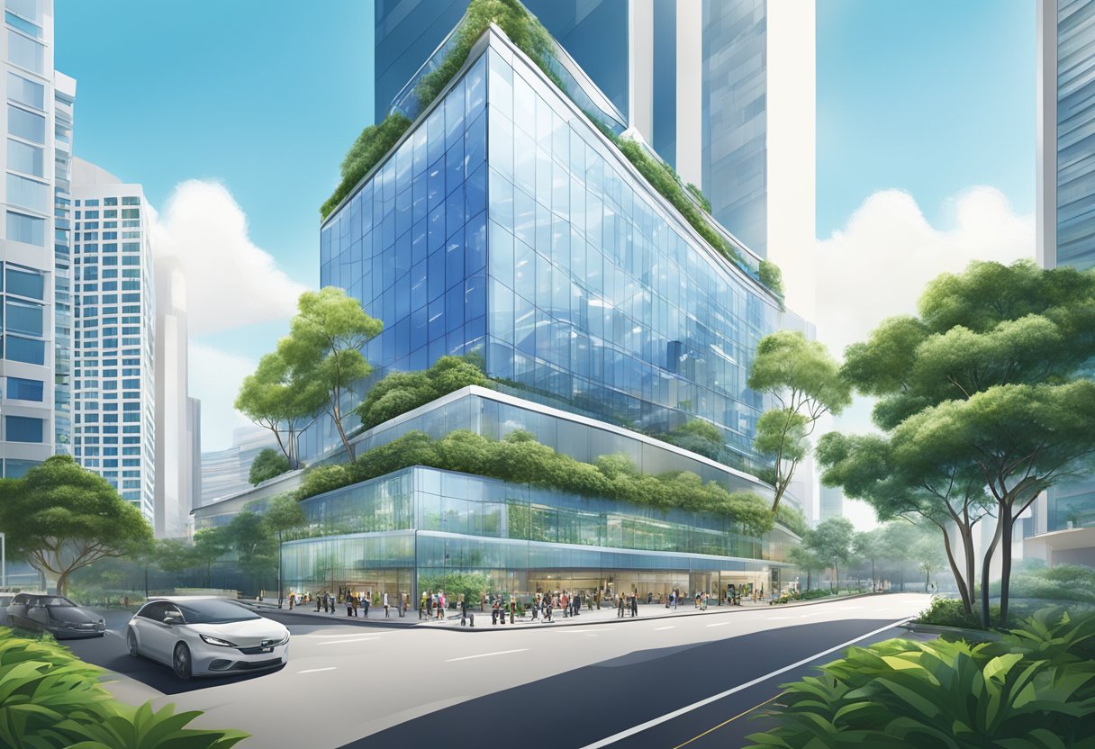 Unilever Singapore's modern office building with lush greenery and a sleek glass facade, surrounded by bustling city streets and a clear blue sky