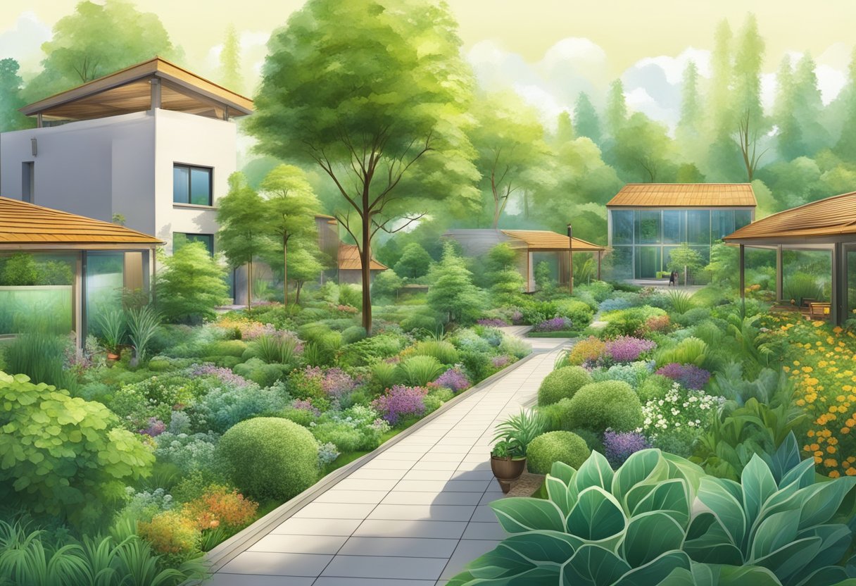 A lush green garden with a variety of thriving plants and trees, surrounded by modern sustainable infrastructure and renewable energy sources