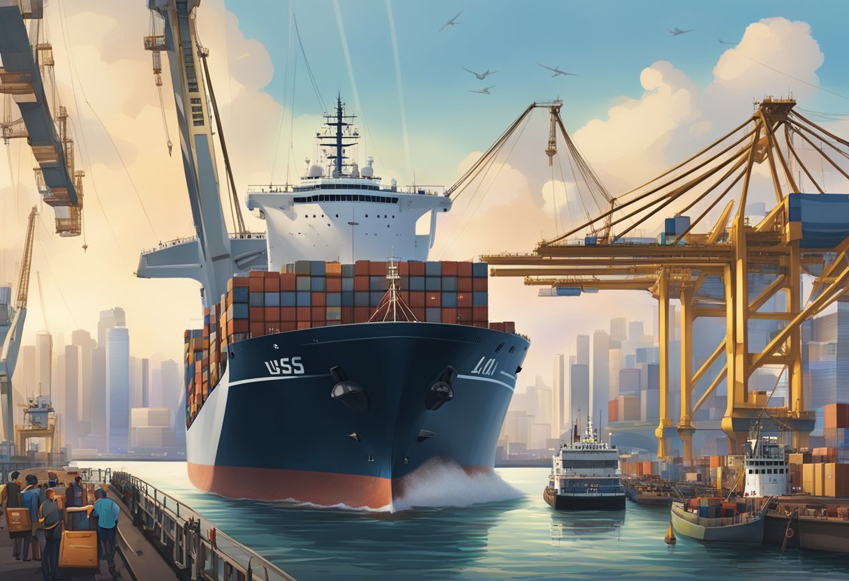 The USS Timing Singapore, a massive cargo ship, navigates through the busy port, surrounded by towering cranes and bustling activity