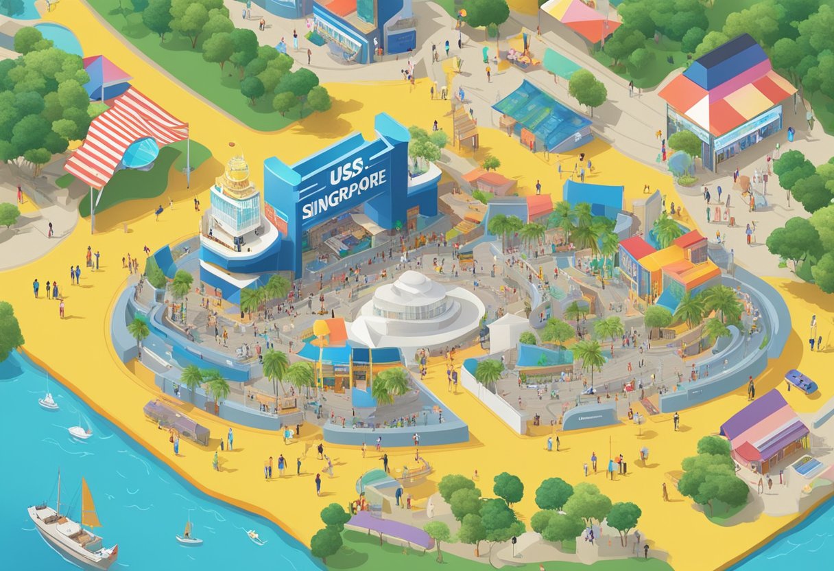 Visitors map out their itinerary at the entrance of USS Timing Singapore, surrounded by colorful signs and a bustling crowd
