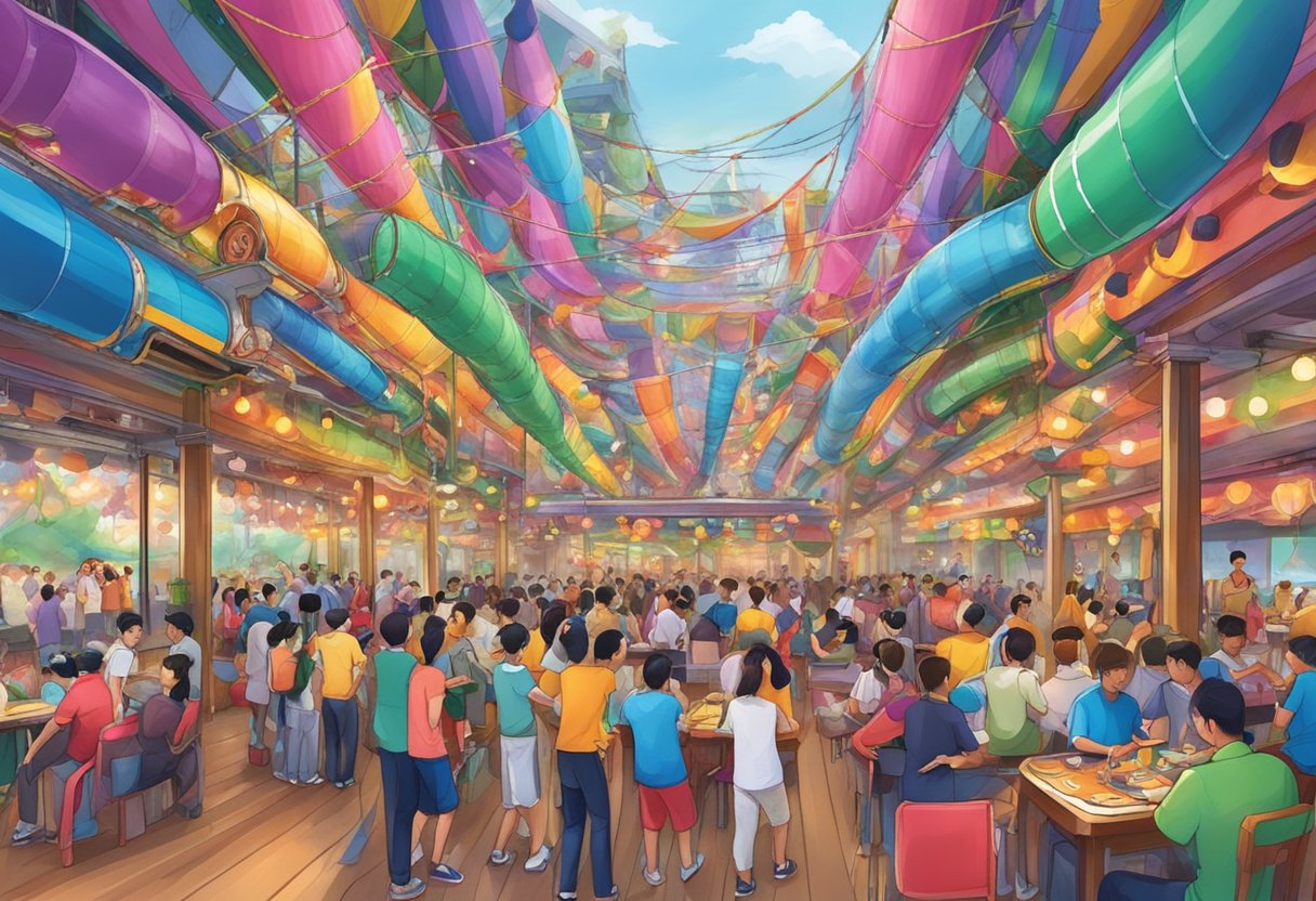 Colorful rides and lively performances fill the vibrant atmosphere of USS Timing Singapore