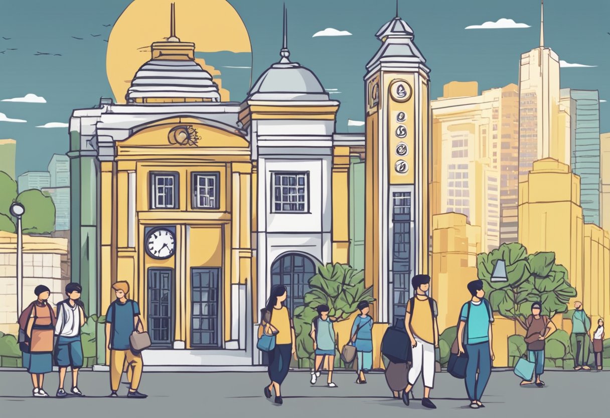 A clock tower in Singapore with a sign reading "Frequently Asked Questions" and people lining up to ask questions