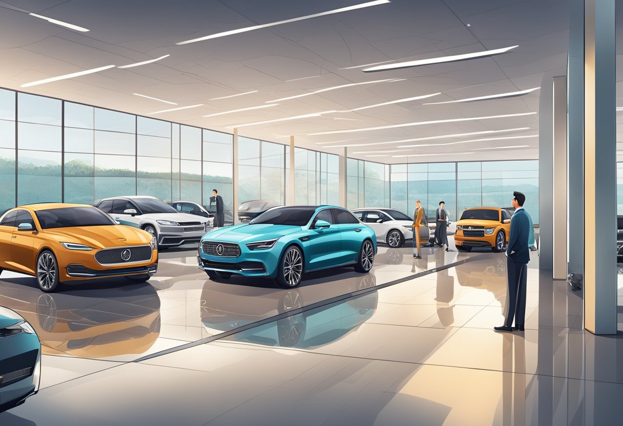 A sleek car showroom with modern interiors and rows of luxury vehicles on display, with customers browsing and sales staff assisting