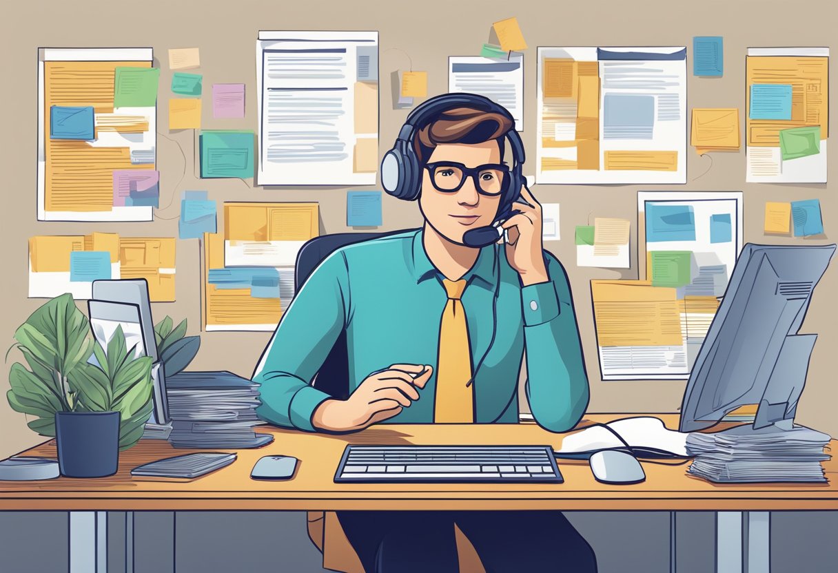 A customer service representative answering inquiries at a desk with a computer and a phone, surrounded by a wall covered in frequently asked questions posters