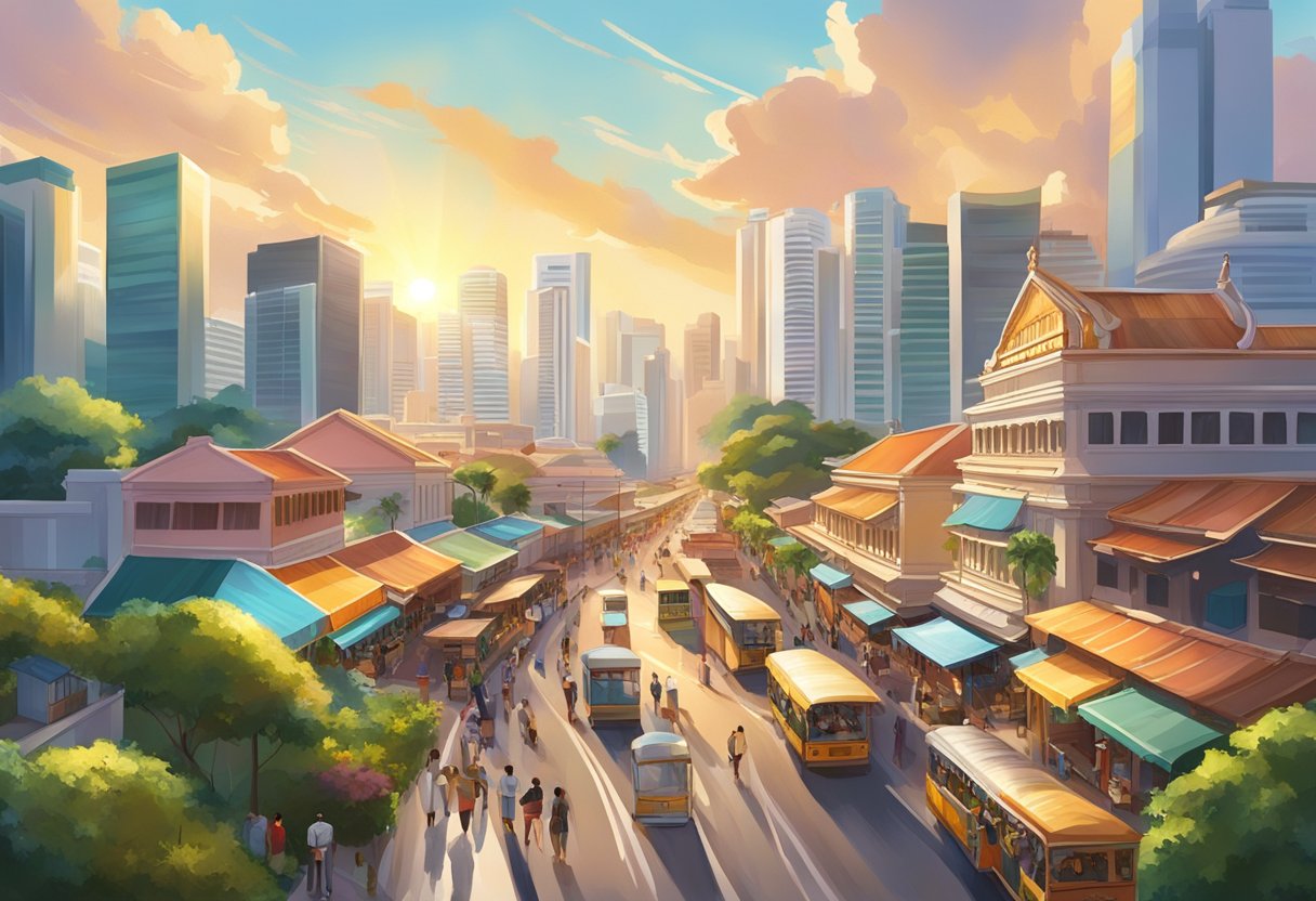 The bright sun shines down on the bustling streets of Singapore, casting a warm glow on the colorful buildings and lively markets below