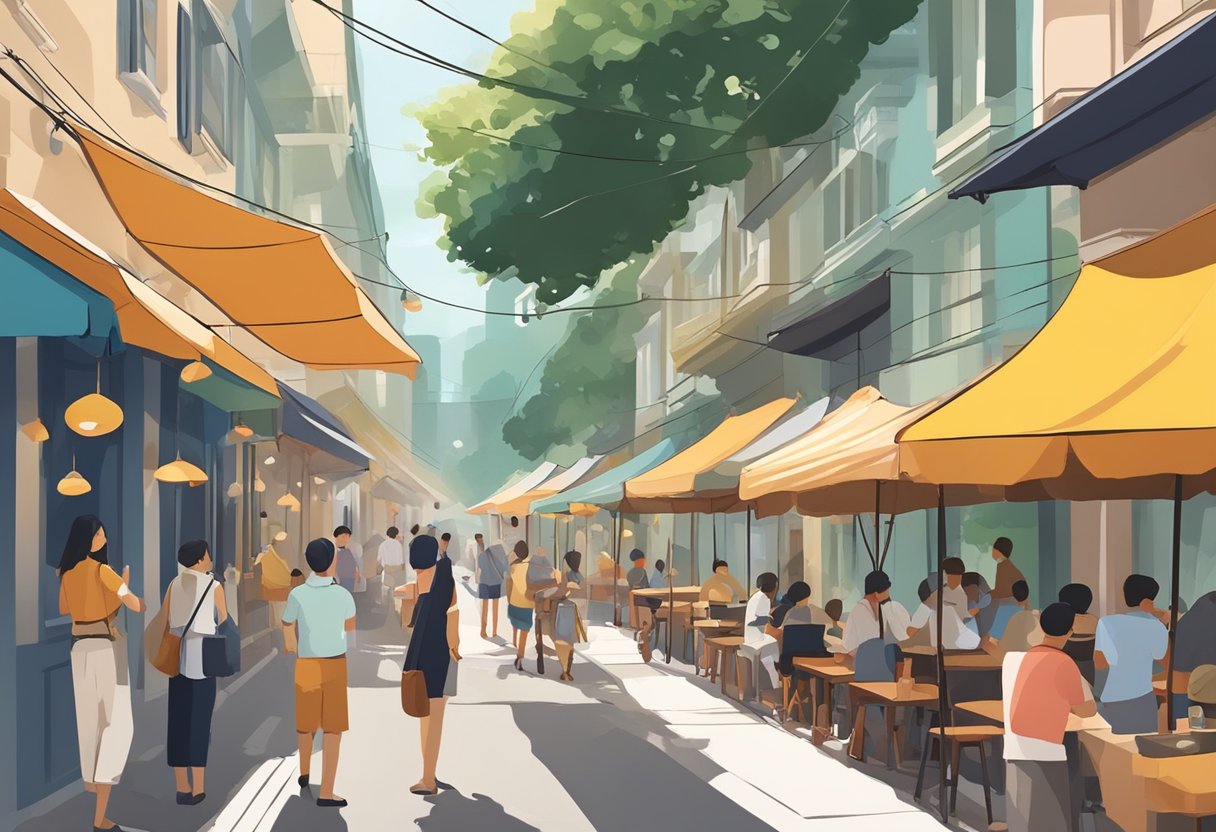 The sun beats down on a bustling Singapore street. People seek shade under umbrellas and awnings, while others sip on cold drinks to stay cool. The WBGT monitor displays a high heat stress level
