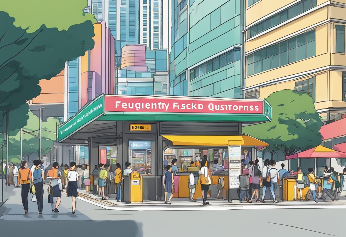 A bustling city street in Singapore with a prominent sign reading "Frequently Asked Questions WBGT Singapore" above a busy information booth
