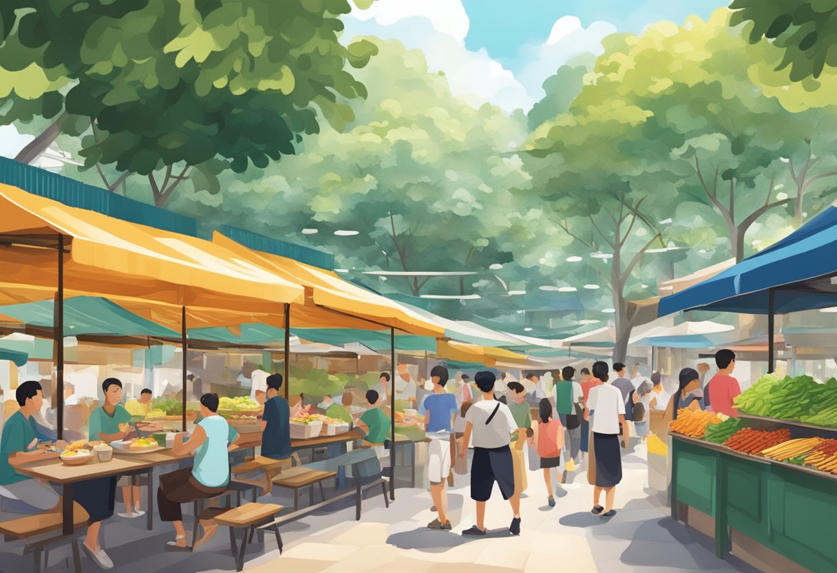 A bustling hawker center with colorful stalls selling traditional Singaporean dishes, surrounded by lush greenery and the sounds of people chatting and savoring their meals