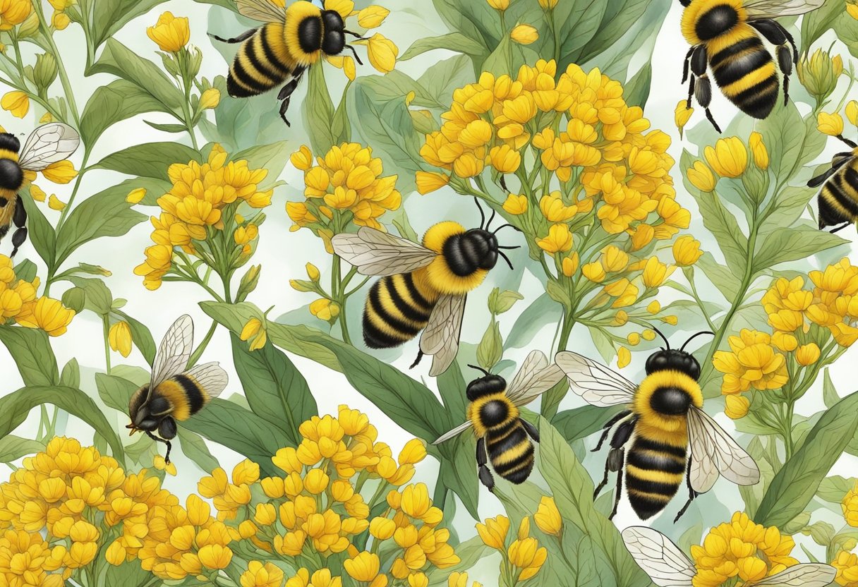 A bee hovers over a cluster of vibrant yellow wildflowers, collecting nectar to make the rich, golden wild honey found in the lush forests of Singapore