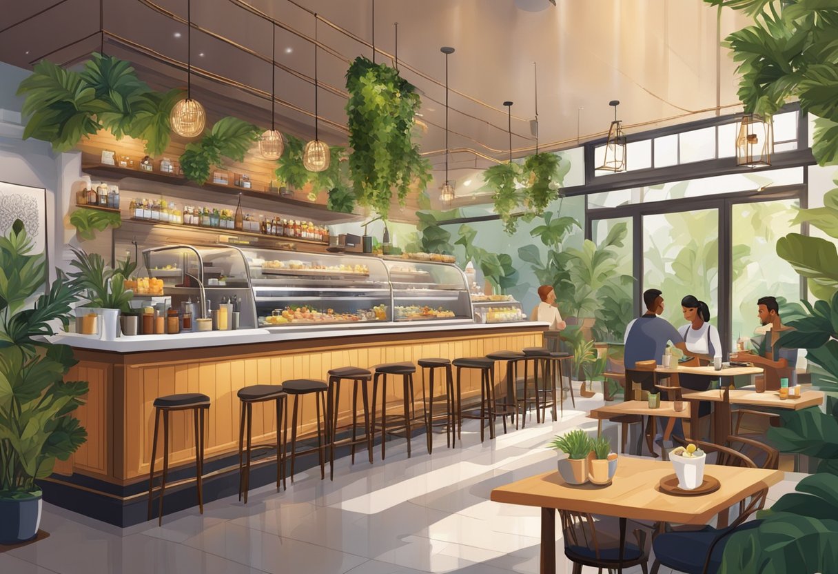 A vibrant, bustling cafe with modern decor and lush greenery. Customers enjoy gourmet dishes and artisanal drinks in a warm, inviting atmosphere
