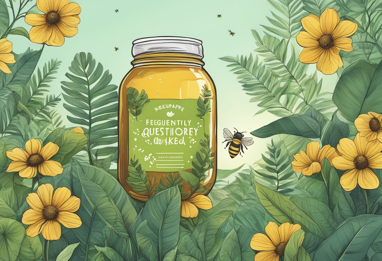 A buzzing beehive surrounded by lush greenery, with a jar of wild honey and a sign reading "Frequently Asked Questions" in Singapore