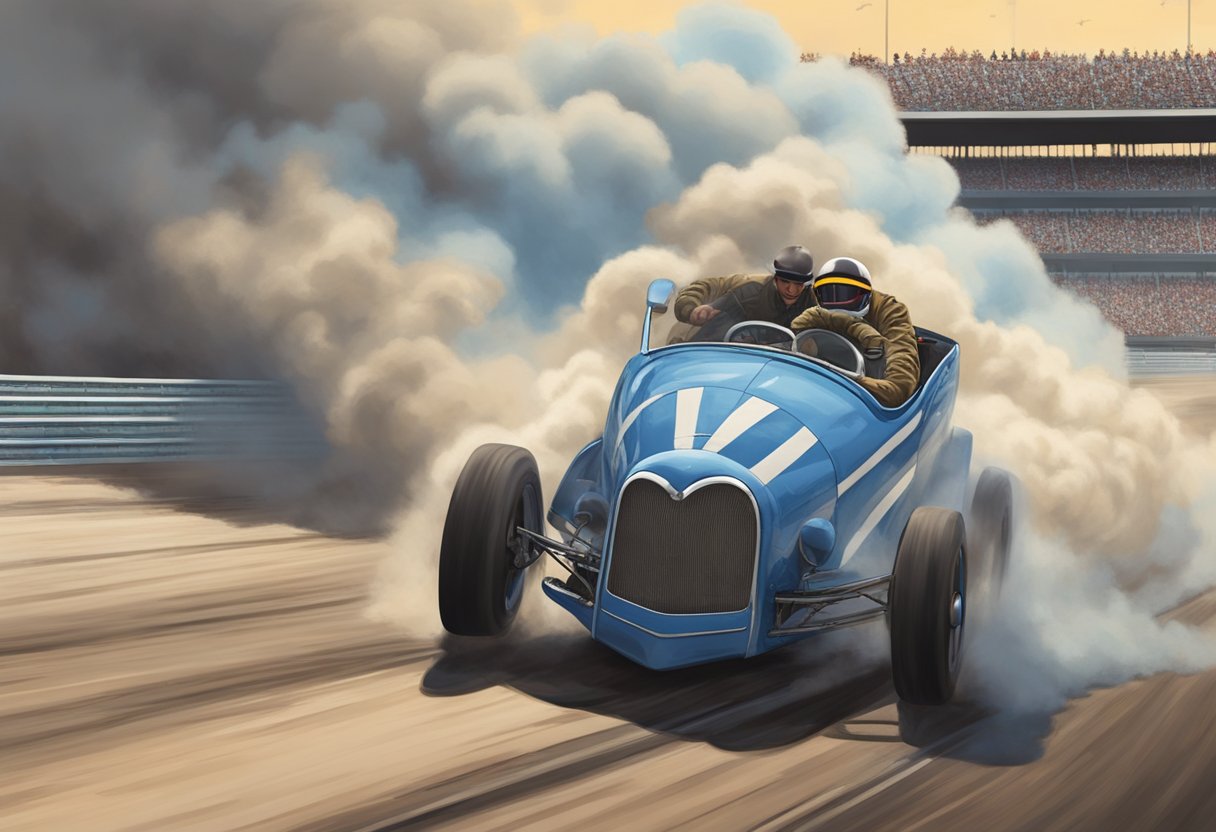 Doughboy's car spins out on the track, smoke billowing from the tires as he struggles to regain control