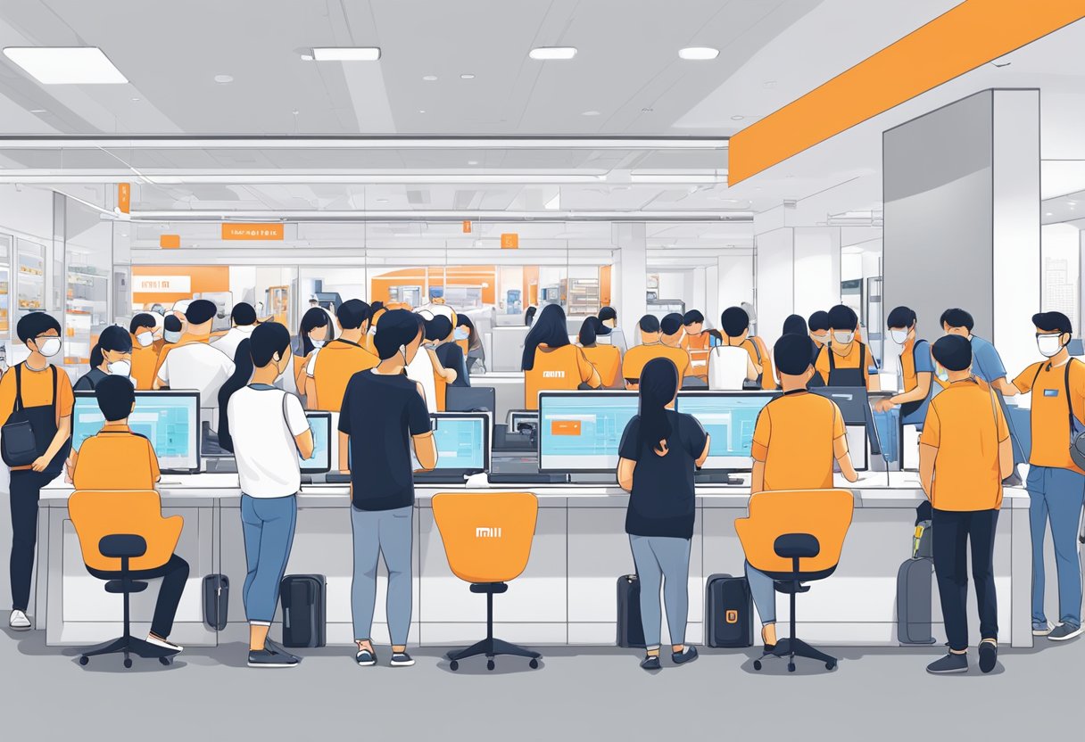 A bustling Xiaomi service center in Singapore, with customers waiting in line and staff assisting with repairs and inquiries