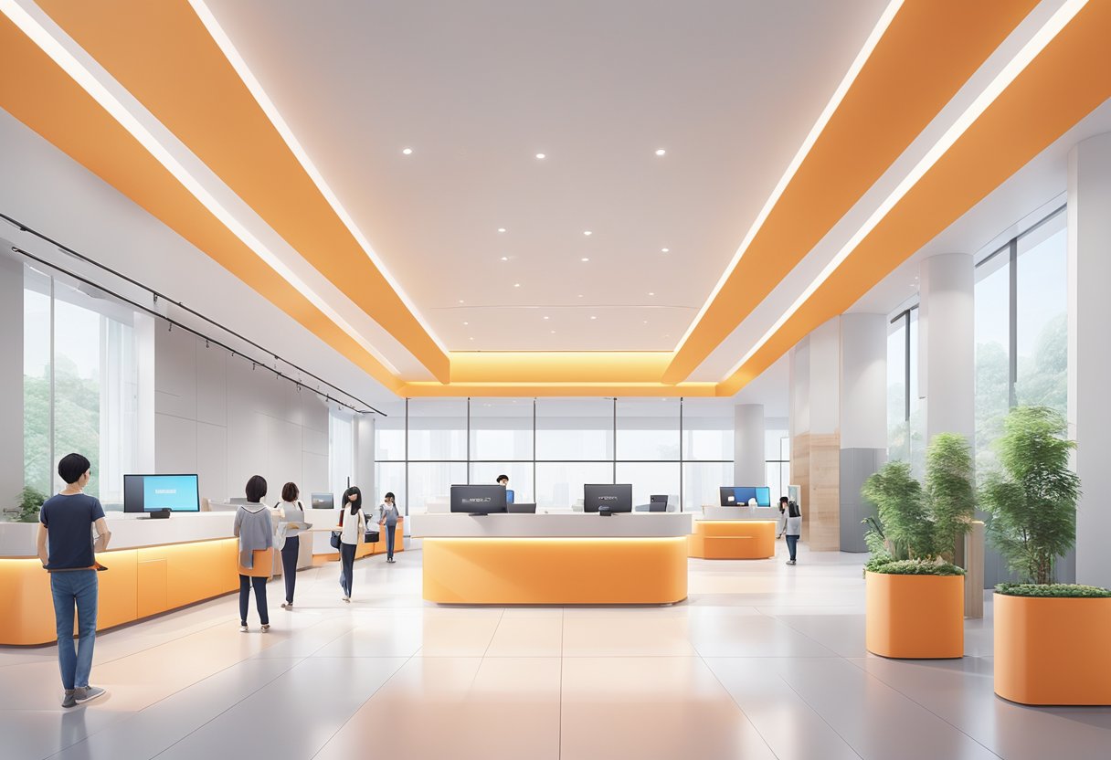 A bright and spacious Xiaomi service centre in Singapore, with sleek and modern decor, a welcoming reception area, and a row of customer service desks